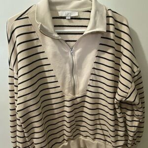 Women’s Ann Taylor Loft Half zip terry cotton top. Tan and black size Large
